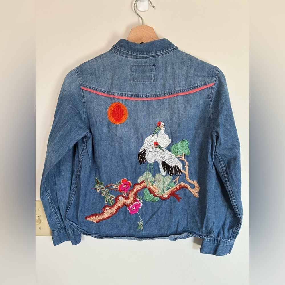 Anthropologie Holding Horses Top XXSP Embroidered Pearl Snap Denim Shirt Crane - Picture 2 of 9